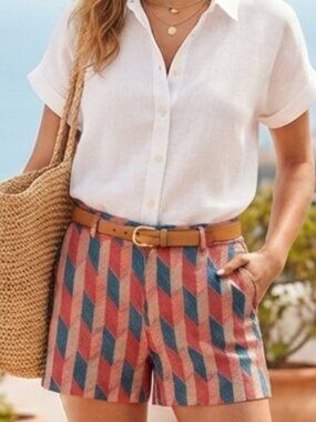 Ann Taylor LOFT The Riviera Short Geometric Print Coral Blue 10